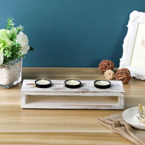 White Washed Wood & Black Metal Tealight Holder Tray-MyGift