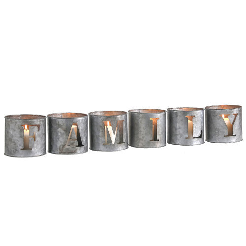 Rustic Galvanized Metal Tealight Candle Holders with Decorative FAMILY Cutout Design, 6 Piece Set-MyGift