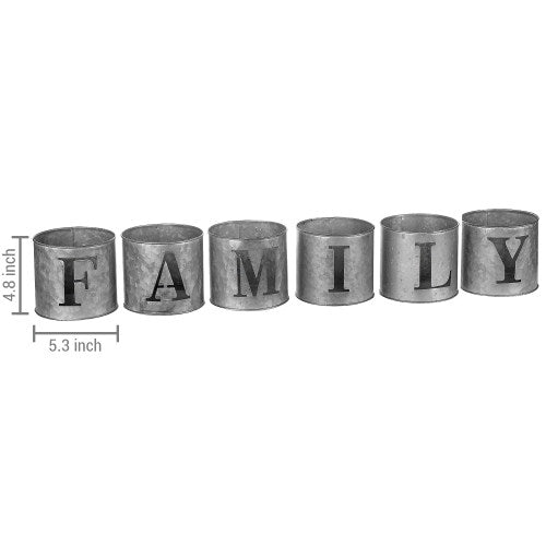 Rustic Galvanized Metal Tealight Candle Holders with Decorative FAMILY Cutout Design, 6 Piece Set-MyGift