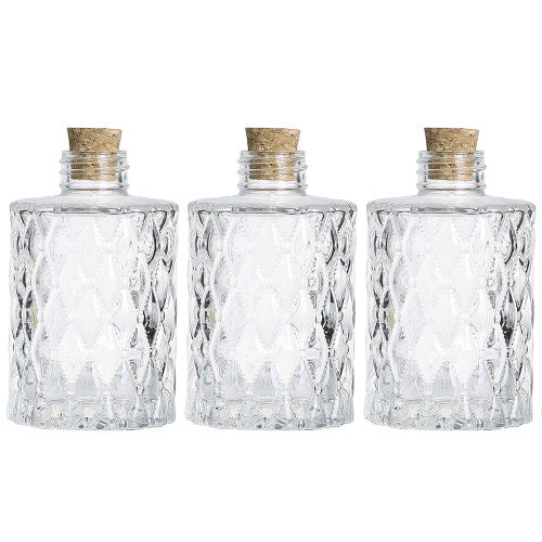 Set of 3, Diamond-Faceted Textured Pattern Clear Glass Diffuser Bottles, Flower Bud Vases with Cork Lids-MyGift