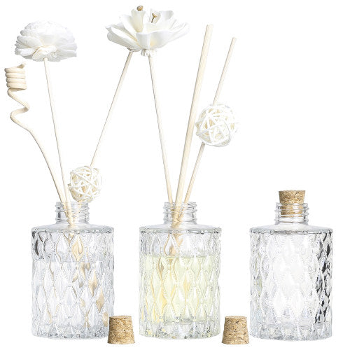 Set of 3, Diamond-Faceted Textured Pattern Clear Glass Diffuser Bottles, Flower Bud Vases with Cork Lids-MyGift