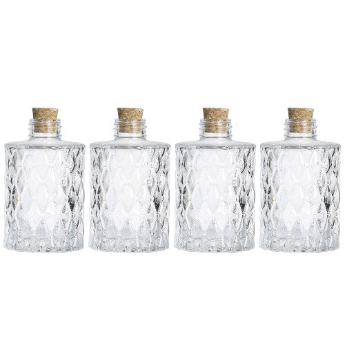 Set of 4, Textured Clear Glass Diffuser Bottles, Flower Bud Vases with Diamond-Faceted Pattern and Cork Lids-MyGift