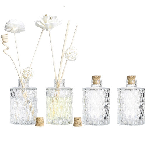 Set of 4, Textured Clear Glass Diffuser Bottles, Flower Bud Vases with Diamond-Faceted Pattern and Cork Lids-MyGift