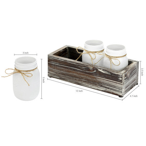 Decorative White Mason Jars in Torched Wood Tray-MyGift