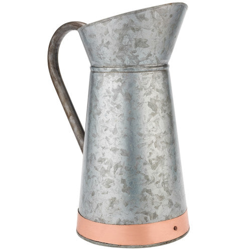 Vintage Galvanized Silver Metal Pitcher Vase w/ Copper Strip-MyGift
