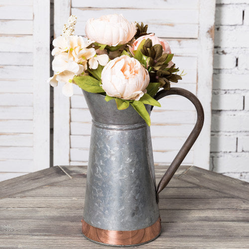 Vintage Galvanized Silver Metal Pitcher Vase w/ Copper Strip-MyGift