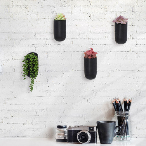 matte black hanging planter Matte Black Ceramic Wall Mounted Cylindrical Vertical Succulent Hanging Planter Flower Vase Pots, Set of 4