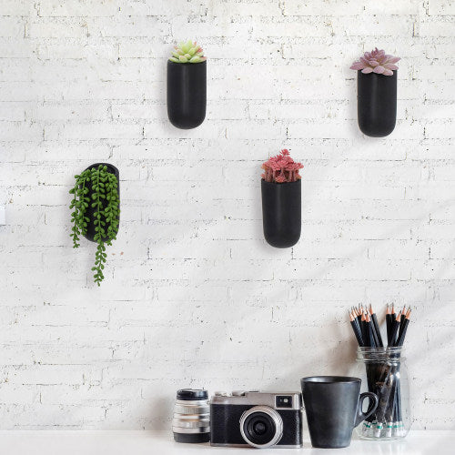 Set of 4, Matte Black Ceramic Wall Mounted Cylindrical Vertical Succulent Hanging Planter Flower Vase Pots-MyGift