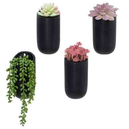 Set of 4, Matte Black Ceramic Wall Mounted Cylindrical Vertical Succulent Hanging Planter Flower Vase Pots-MyGift