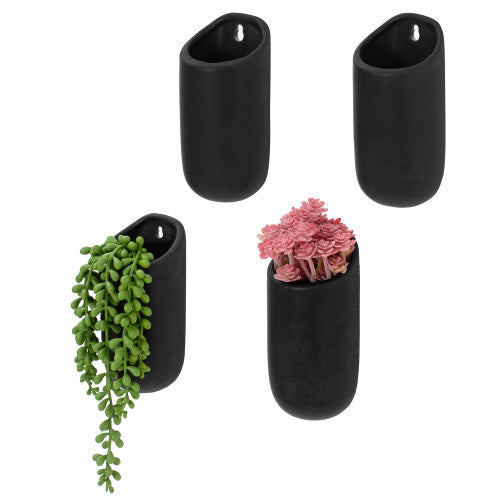 Set of 4, Matte Black Ceramic Wall Mounted Cylindrical Vertical Succulent Hanging Planter Flower Vase Pots-MyGift