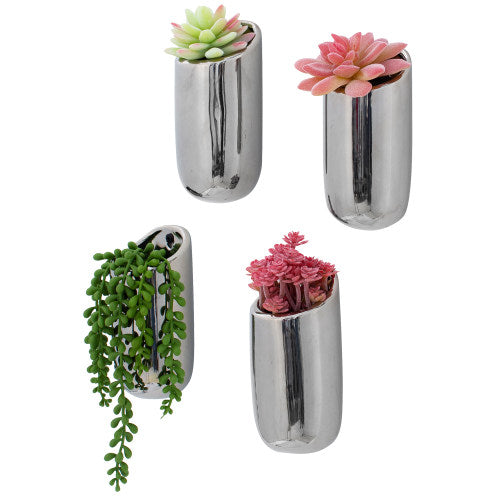 Set of 4, Metallic Silver Ceramic Wall Mounted Cylindrical Succulent Flower Vase Planter Pots-MyGift