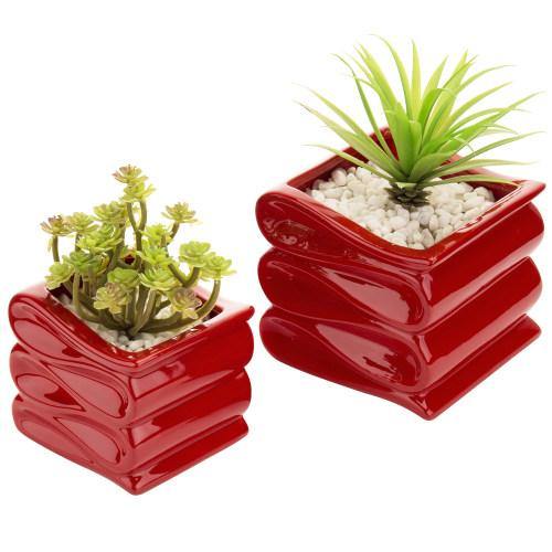 Red Ceramic Planter Pot w/ Folded Design Set of 2, Small and Large - MyGift