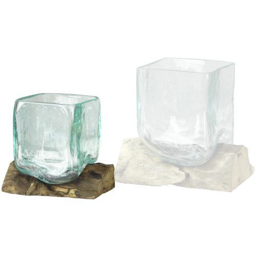 Small Natural Driftwood & Square Molten Glass Vase - MyGift