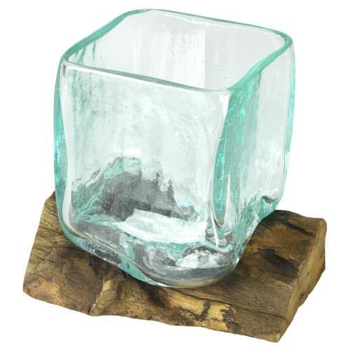 Small Natural Driftwood & Square Molten Glass Vase - MyGift