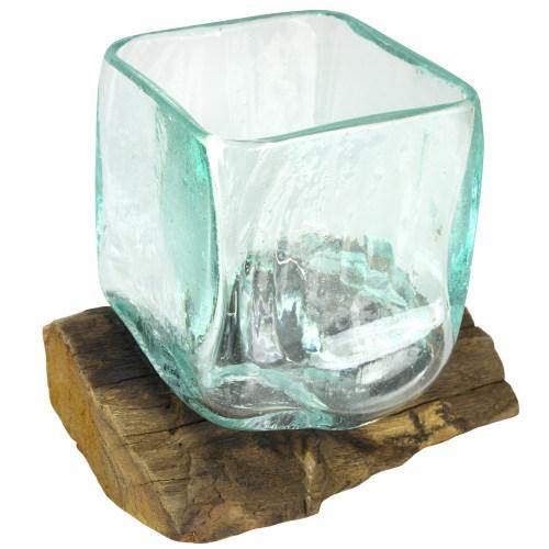 Small Natural Driftwood & Square Molten Glass Vase - MyGift
