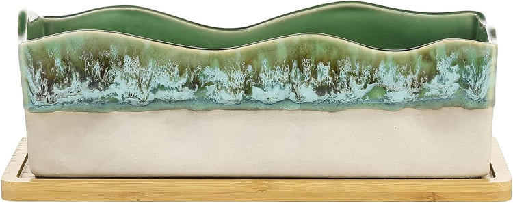 Beige and Green Glazed Ceramic Succulent Planter w/ Bamboo Tray-MyGift