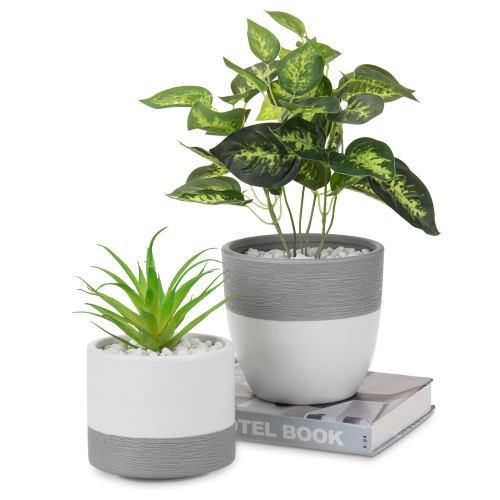 Matte White and Gray Textured Ceramic Planter, Round & Cylindrical, Set of 2 - MyGift