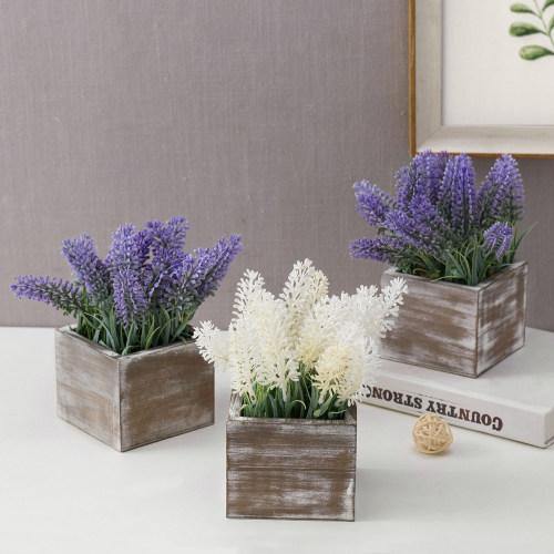 Artificial Lavender in Distressed Brown Wood Planter, Set of 3 - MyGift