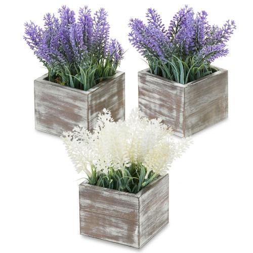 Artificial Lavender in Distressed Brown Wood Planter, Set of 3 - MyGift