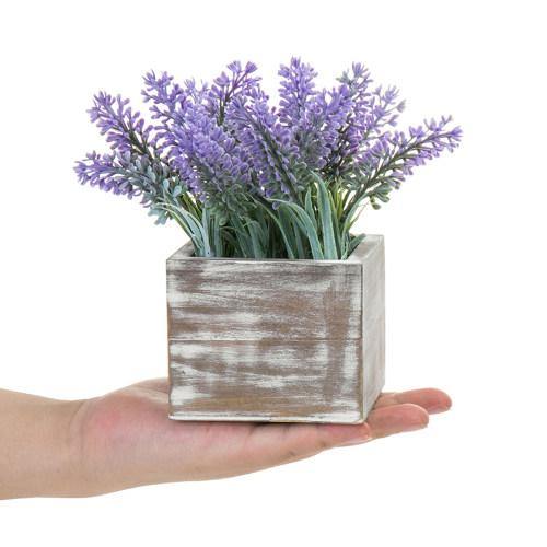 Artificial Lavender in Distressed Brown Wood Planter, Set of 3 - MyGift