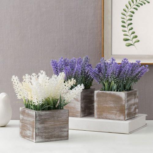 Artificial Lavender in Distressed Brown Wood Planter, Set of 3 - MyGift