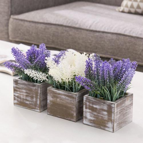 Artificial Lavender in Distressed Brown Wood Planter, Set of 3 - MyGift