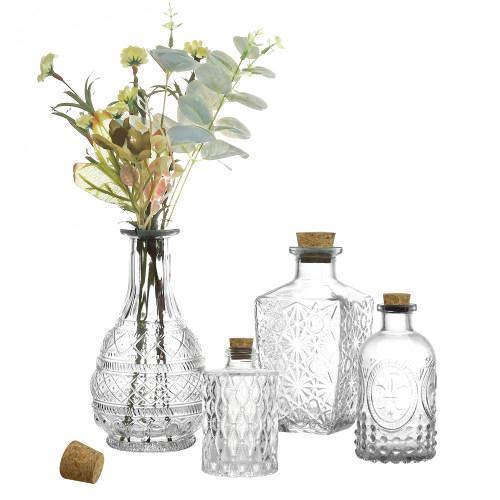 Vintage Embossed Glass Bottle Vases w/ Cork Lids, Set of 4 - MyGift
