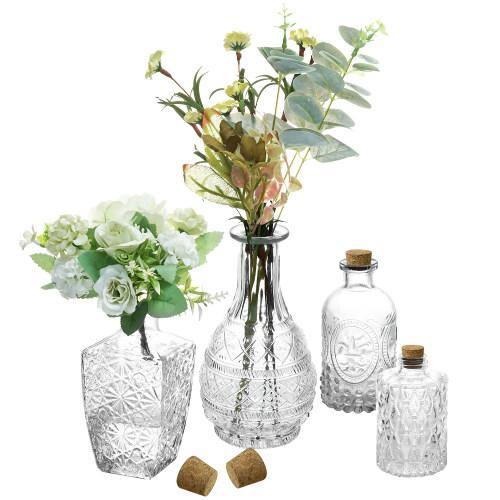Vintage Embossed Glass Bottle Vases w/ Cork Lids, Set of 4 - MyGift