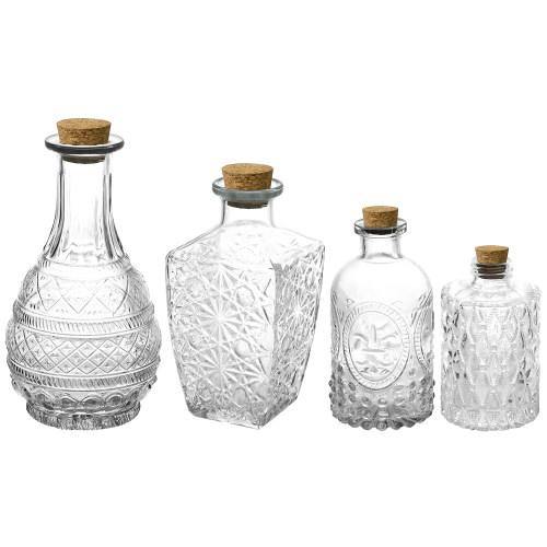 Vintage Embossed Glass Bottle Vases w/ Cork Lids, Set of 4 - MyGift