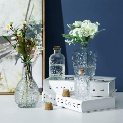 Vintage Embossed Glass Bottle Vases w/ Cork Lids, Set of 4 - MyGift