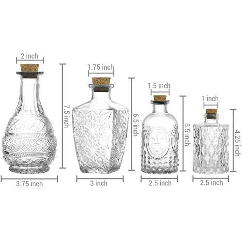Vintage Embossed Glass Bottle Vases w/ Cork Lids, Set of 4 - MyGift