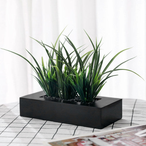 Artificial Green Grass Plants in Modern Black Wood Planter Pot-MyGift