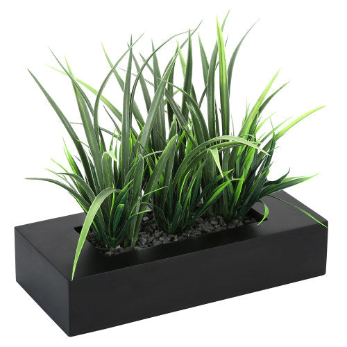 Artificial Green Grass Plants in Modern Black Wood Planter Pot-MyGift