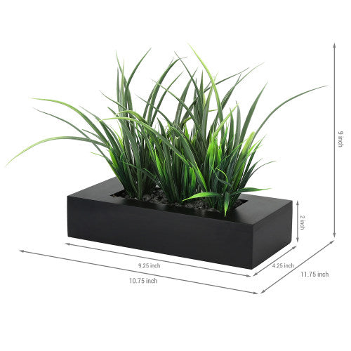 Artificial Green Grass Plants in Modern Black Wood Planter Pot-MyGift