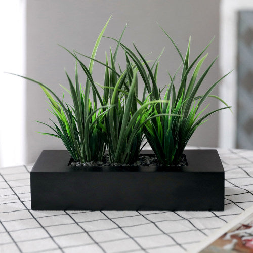 Artificial Green Grass Plants in Modern Black Wood Planter Pot-MyGift