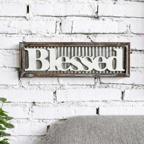 Rustic Wood & Corrugated Galvanized Metal Sign "Blessed"-MyGift