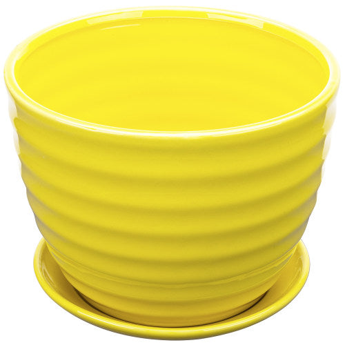 Yellow Ceramic Ribbed Design Flower Pot w/ Saucer-MyGift