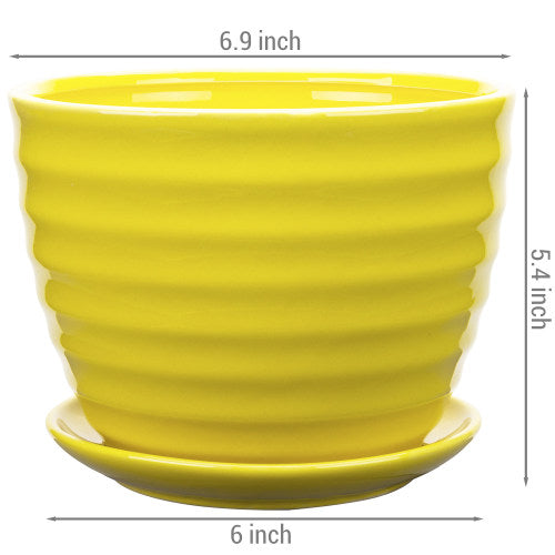 Yellow Ceramic Ribbed Design Flower Pot w/ Saucer-MyGift