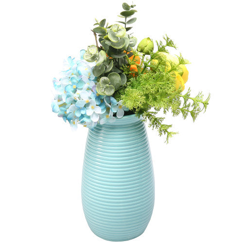 Modern Sky Blue Ribbed Ceramic Flower Vase-MyGift