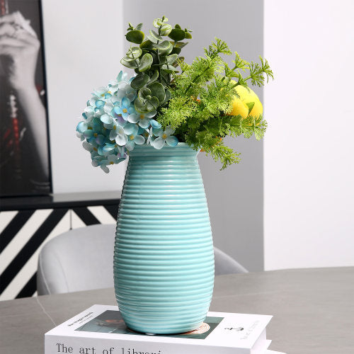 Modern Sky Blue Ribbed Ceramic Flower Vase-MyGift