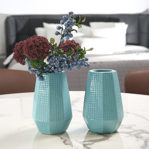 Sky Blue Ceramic Flower Vase w/ Dimpled Design, Set of 2-MyGift