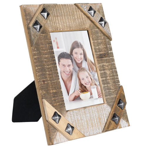 Brown Wood 5 x 7 Picture Photo Frame with Black Studded Metal Décor Accent-MyGift