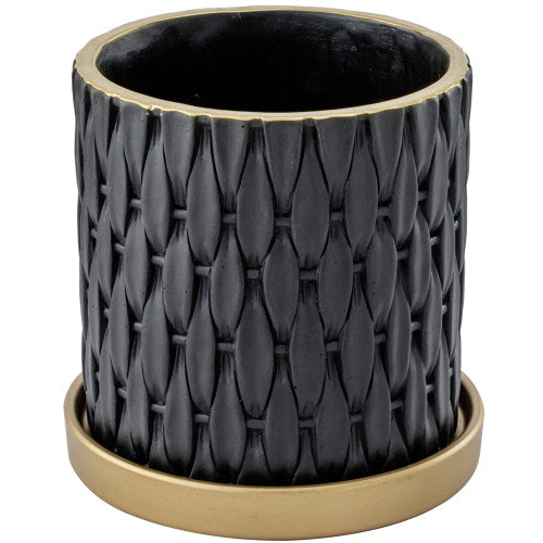 6 Inch Black Concrete Plant Pot, Succulent Planter with Embossed Woven Style Pattern, Gold Tone Rim and Drip Saucer-MyGift