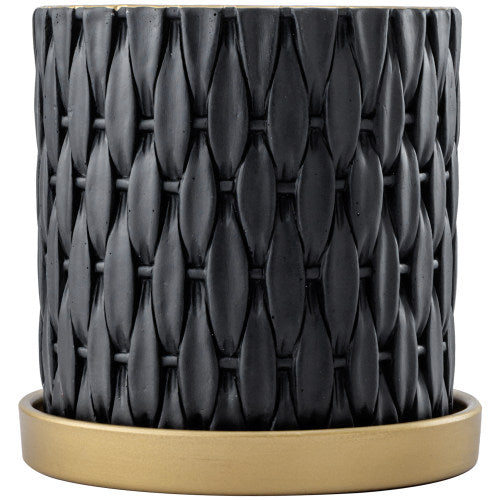 6 Inch Black Concrete Plant Pot, Succulent Planter with Embossed Woven Style Pattern, Gold Tone Rim and Drip Saucer-MyGift