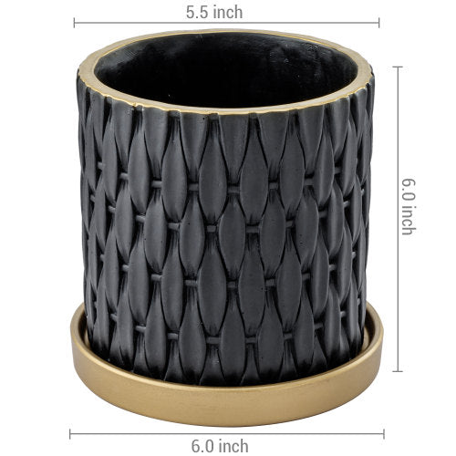 6 Inch Black Concrete Plant Pot, Succulent Planter with Embossed Woven Style Pattern, Gold Tone Rim and Drip Saucer-MyGift