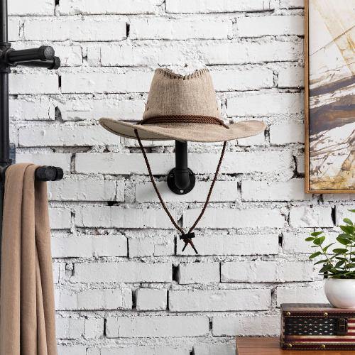 MyGift Tabletop Hat Stand, Shabby Chic White Washed Wood and Industrial Matte Black Metal Pipe Freestanding Hat Rack and Wig Holder, Set of 4