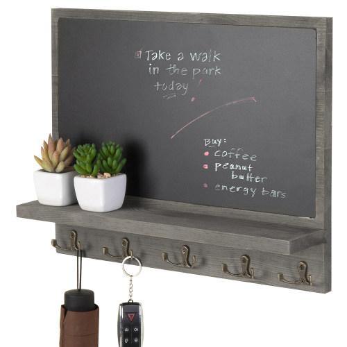 Gray Wood Chalkboard Wall Organizer w/ Hooks - MyGift