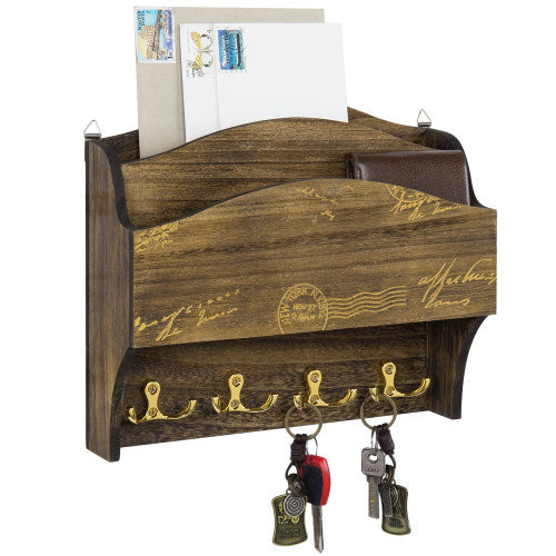 Wall-Mounted Brown and Brass Mail Sorter w/ Postcard Design-MyGift