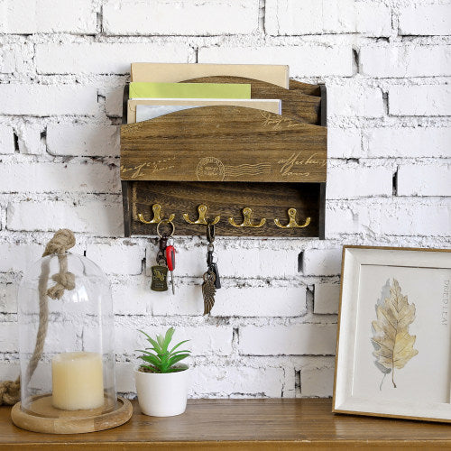 Wall-Mounted Brown and Brass Mail Sorter w/ Postcard Design-MyGift