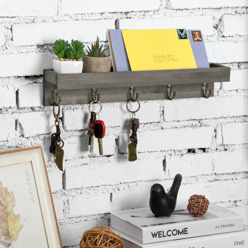 Vintage Gray Wood Floating Entryway Shelf w/ Key Hooks-MyGift